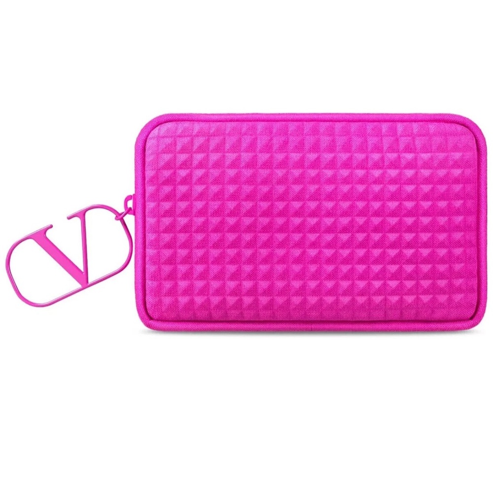 Valentino Hot Pink Studded Mini Clutch Pouch Bag Wallet Purse V Charm Zipper